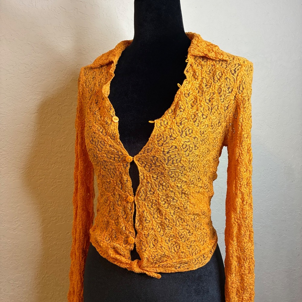 BDG Urban Outfitters Orange Floral Lace Cropped Cardigan Button Up Top Small NWT